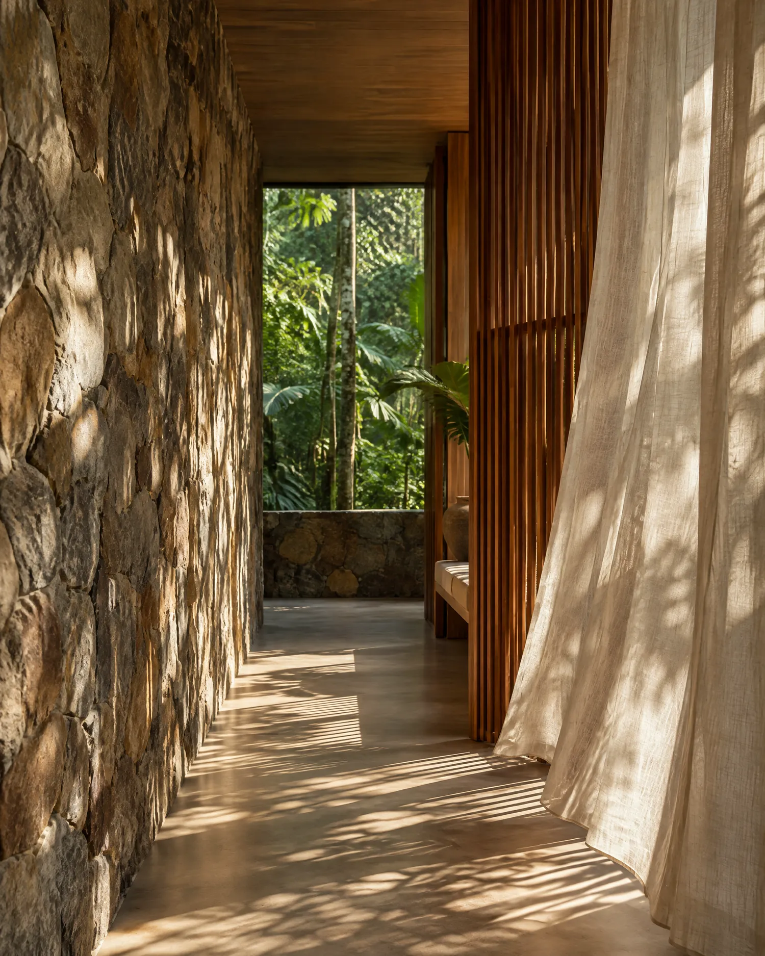 A corridor of natural stone and teak screens, a linen curtain moving in the breeze