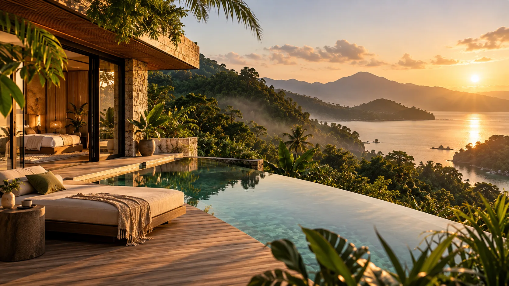 An infinity pool on a timber deck overlooking a tropical bay at sunset