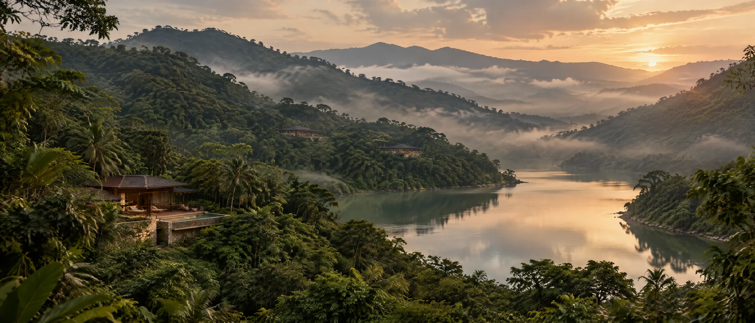A misty rainforest valley at dawn, a still bay and villas hidden in the canopy