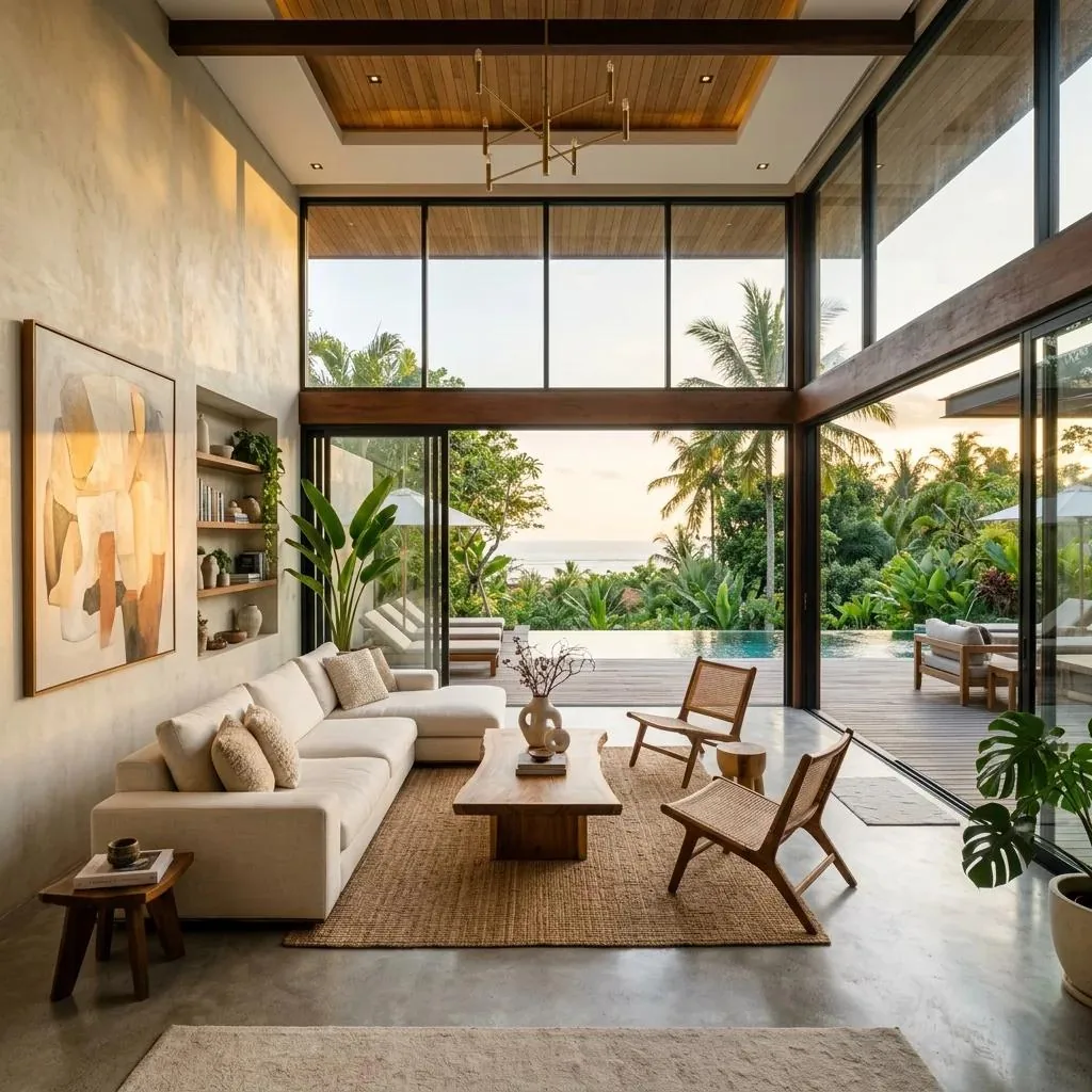 A generous living room opening onto a private terrace and tropical view