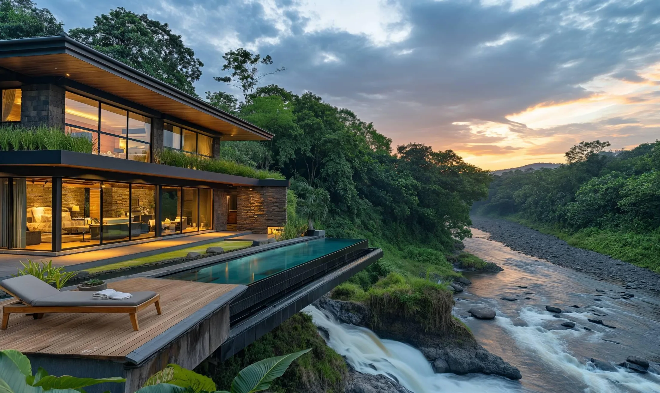 The Water Villa: a private pool suspended above a flowing river at dusk